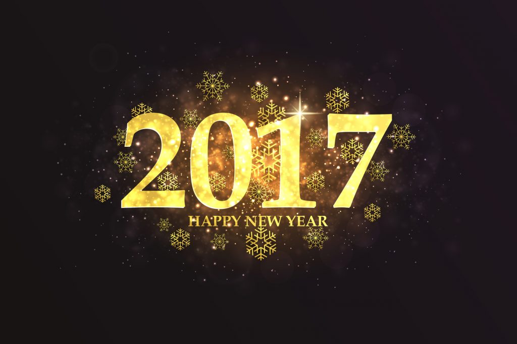Happy New Year 2017 colorful greeting card made from golden numbers. Party poster, greeting card, banner or invitation. Vector